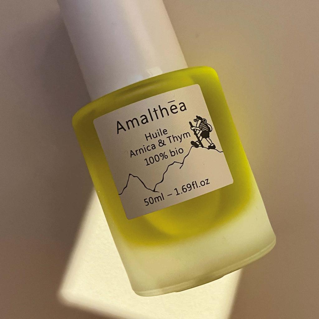 Huile Arnica & Thyme | 100% organic | With only French ingredients | Recovery oil for muscles and tendons formulated for climbers | Amalthea & Au Vieux Campeur | Ourea collection
